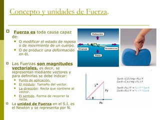 Concepto y unidades de Fuerza.
 Fuerza es toda causa capaz
de:
 O modificar el estado de reposo
o de movimiento de un cuerpo.
 O de producir una deformación
en él.
 Las Fuerzas son magnitudes
vectoriales, es decir, se
representan mediante vectores y
para definirlas se debe indicar:
 Punto de aplicación.
 El módulo: Tamaño del vector.
 La dirección: Recta que contiene al
vector.
 El sentido. Forma de recorrer la
recta.
 La unidad de Fuerza en el S.I. es
el Newton y se representa por N.
 