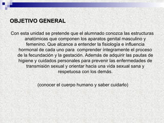 OBJETIVO GENERAL Con esta unidad se pretende que el alumnado conozca las estructuras anatómicas que componen los aparatos genital masculino y femenino. Que alcance a entender la fisiología e influencia hormonal de cada uno para  comprender íntegramente el proceso de la fecundación y la gestación. Además de adquirir las pautas de higiene y cuidados personales para prevenir las enfermedades de transmisión sexual y orientar hacia una vida sexual sana y respetuosa con los demás. (conocer el cuerpo humano y saber cuidarlo) 