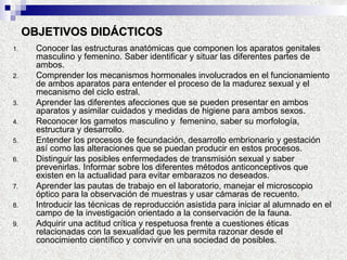 OBJETIVOS DIDÁCTICOS Conocer las estructuras anatómicas que componen los aparatos genitales masculino y femenino. Saber identificar y situar las diferentes partes de ambos. Comprender los mecanismos hormonales involucrados en el funcionamiento de ambos aparatos para entender el proceso de la madurez sexual y el mecanismo del ciclo estral. Aprender las diferentes afecciones que se pueden presentar en ambos aparatos y asimilar cuidados y medidas de higiene para ambos sexos. Reconocer los gametos masculino y  femenino, saber su morfología, estructura y desarrollo. Entender los procesos de fecundación, desarrollo embrionario y gestación así como las alteraciones que se puedan producir en estos procesos. Distinguir las posibles enfermedades de transmisión sexual y saber prevenirlas. Informar sobre los diferentes métodos anticonceptivos que existen en la actualidad para evitar embarazos no deseados. Aprender las pautas de trabajo en el laboratorio, manejar el microscopio óptico para la observación de muestras y usar cámaras de recuento. Introducir las técnicas de reproducción asistida para iniciar al alumnado en el campo de la investigación orientado a la conservación de la fauna. Adquirir una actitud crítica y respetuosa frente a cuestiones éticas relacionadas con la sexualidad que les permita razonar desde el conocimiento científico y convivir en una sociedad de posibles. 
