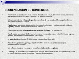 SECUENCIACIÓN DE CONTENIDOS Introducción: la reproducción en el hombre. Reproducción sexual, dimorfismo sexual, caracteres sexuales secundarios, gónadas, gametos y su dotación genética. Estructura anatómica del  aparato genital masculino . El  espermatozoide , sus partes, formas y anomalías (estudio laboratorial). Fisiología  del aparato genital masculino, hormonas involucradas y madurez sexual. Cuidados,  higiene  y posibles alteraciones (esterilidad, fimosis...) Estructura anatómica del  aparato genital femenino . El  óvulo  y su maduración. Fisiología  del aparato genital femenino, hormonas involucradas y ciclo estral. Cuidados,  higiene  y posibles alteraciones (quistes ováricos, menopausia…) La  fecundación  y el cigoto. División celular y desarrollo embrionario. Placentación,  gestación , parto y periparto. Posibles alteraciones (embarazo ectópico, gemelos/mellizos, distocia) Las  enfermedades de transmisión sexual  y  métodos anticonceptivos . Tecnología de la reproducción: inseminación artificial, fecundación in vitro, ICSI (intracelular sperm inyection), transferencia de embriones. Proyectos de investigación. 