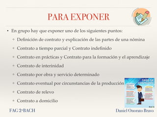 PARA EXPONER
• En grupo hay que exponer uno de los siguientes puntos:
❖ Deﬁnición de contrato y explicación de las partes de una nómina
❖ Contrato a tiempo parcial y Contrato indeﬁnido
❖ Contrato en prácticas y Contrato para la formación y el aprendizaje
❖ Contrato de interinidad
❖ Contrato por obra y servicio determinado
❖ Contrato eventual por circunstancias de la producción
❖ Contrato de relevo
❖ Contrato a domicilio
Daniel Onorato BravoFAG 2ºBACH
 