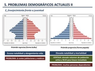 5. PROBLEMAS DEMOGRÁFICOS ACTUALES II
2_Envejecimiento frente a juventud
Pirámide regresiva (Forma bulbo) Pirámide progresiva (Forma pagoda)
Escasa natalidad y alargamiento vida
PROBLEMA: ∆ costes jubilaciones y médicos
Elevada natalidad y mortalidad
PROBLEMA: muchas personas dependientes
VENTAJA: elevado volumen de población
activa y fértil para futuro inmediato
 