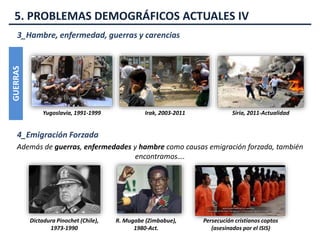 5. PROBLEMAS DEMOGRÁFICOS ACTUALES IV
3_Hambre, enfermedad, guerras y carencias
GUERRAS
Yugoslavia, 1991-1999 Irak, 2003-2011 Siria, 2011-Actualidad
4_Emigración Forzada
Además de guerras, enfermedades y hambre como causas emigración forzada, también
encontramos….
Dictadura Pinochet (Chile),
1973-1990
R. Mugabe (Zimbabue),
1980-Act.
Persecución cristianos coptos
(asesinados por el ISIS)
 