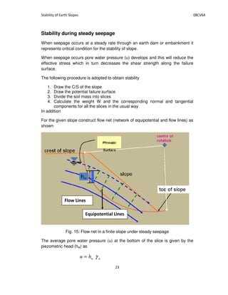 Stability during steady seepage
When seepage occurs at a steady rate through an earth dam or embankment it
represents critical condition for the stability of slope.
When seepage occurs pore water pressure (u) develops and this will reduce the
effective stress which in turn decreases the shear strength along the failure
surface.
The following procedure is adopted to obtain stability
1. Draw the C/S of the slope
2. Draw the potential failure surface
3. Divide the soil mass into slices
4. Calculate the weight W and the corresponding normal and tangential
components for all the slices in the usual way
In addition
For the given slope construct flow net (network of equipotential and flow lines) as
shown
Fig. 15: Flow net in a finite slope under steady seepage
The average pore water pressure (u) at the bottom of the slice is given by the
piezometric head (hw) as
wwhu γ=
, . "
/0 "
 