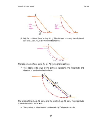 6. Let the cohesive force acting along this element opposing the sliding of
soil be CmX L. Cm is the mobilized cohesion.
The total cohesive force along the arc AC forms a force polygon
7. The closing side (AC) of the polygon represents the magnitude and
direction of resultant cohesive force.
The length of the chord AC be Lc and the length of arc AC be L. The magnitude
of resultant force C = Cm X Lc
8. The position of resultant can be obtained by Varignon’s theorem
 