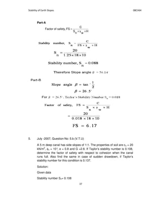 Part-A
5. July -2007, Question No: 5.b (V.T.U)
A 5 m deep canal has side slopes of 1:1. The properties of soil are cu = 20
kN/m2
, φu = 10°, e = 0.8 and G =2.8. If Taylor’s stability number is 0.108,
determine the factor of safety with respect to cohesion when the canal
runs full. Also find the same in case of sudden drawdown, if Taylor’s
stability number for this condition is 0.137.
Solution:
Given data
Stability number Sn= 0.108
H
wn
S
C
FSsafety,ofFactor
××
=
 