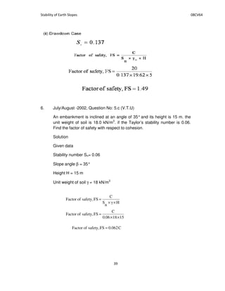 6. July/August -2002, Question No: 5.c (V.T.U)
An embankment is inclined at an angle of 35° and its height is 15 m. the
unit weight of soil is 18.0 kN/m3
. if the Taylor’s stability number is 0.06.
Find the factor of safety with respect to cohesion.
Solution
Given data
Stability number Sn= 0.06
Slope angle β = 35°
Height H = 15 m
Unit weight of soil γ = 18 kN/m3
H
n
S
C
FSsafety,ofFactor
××
=
151806.0
C
FSsafety,ofFactor
××
=
C062.0FSsafety,ofFactor =
 