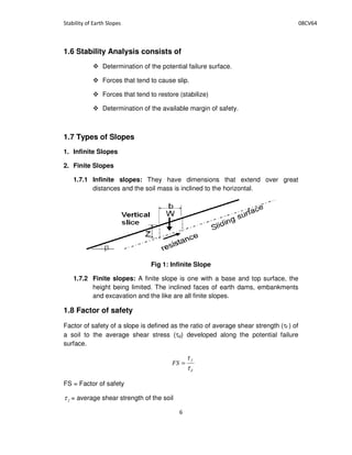 1.6 Stability Analysis consists of
Determination of the potential failure surface.
Forces that tend to cause slip.
Forces that tend to restore (stabilize)
Determination of the available margin of safety.
1.7 Types of Slopes
1. Infinite Slopes
2. Finite Slopes
1.7.1 Infinite slopes: They have dimensions that extend over great
distances and the soil mass is inclined to the horizontal.
Fig 1: Infinite Slope
1.7.2 Finite slopes: A finite slope is one with a base and top surface, the
height being limited. The inclined faces of earth dams, embankments
and excavation and the like are all finite slopes.
1.8 Factor of safety
Factor of safety of a slope is defined as the ratio of average shear strength (τf ) of
a soil to the average shear stress (τd) developed along the potential failure
surface.
d
f
FS
τ
τ
=
FS = Factor of safety
fτ = average shear strength of the soil
 