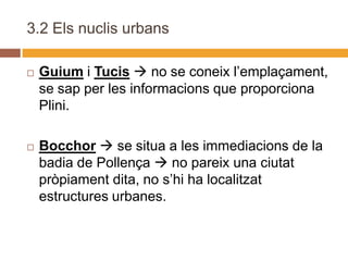 3.2 Els nuclis urbans

   Guium i Tucis  no se coneix l’emplaçament,
    se sap per les informacions que proporciona
    Plini.

   Bocchor  se situa a les immediacions de la
    badia de Pollença  no pareix una ciutat
    pròpiament dita, no s’hi ha localitzat
    estructures urbanes.
 