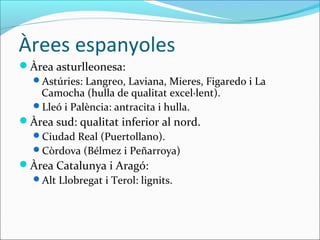 Àrees espanyoles
Àrea asturlleonesa:
 Astúries: Langreo, Laviana, Mieres, Figaredo i La
   Camocha (hulla de qualitat excel·lent).
 Lleó i Palència: antracita i hulla.
Àrea sud: qualitat inferior al nord.
 Ciudad Real (Puertollano).
 Còrdova (Bélmez i Peñarroya)
Àrea Catalunya i Aragó:
 Alt Llobregat i Terol: lignits.
 
