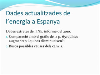 Dades actualitzades de
l’energia a Espanya
Dades extretes de l’INE, informe del 2010.
1. Comparació amb el gràfic de la p. 65: quines
   augmenten i quines disminueixen?
2. Busca possibles causes dels canvis.
 