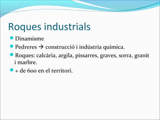 Roques industrials
Dinamisme
Pedreres  construcció i indústria química.
Roques: calcària, argila, pissarres, graves, sorra, granit
 i marbre.
+ de 600 en el territori.
 