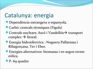 Catalunya: energia
Dependència estrangera o espanyola.
Carbó: centrals tèrmiques (Fígols)
Centrals nuclears: Ascó i Vandellós transport
 complex  litoral.
Energia hidroelèctrica : Noguera Pallaressa i
 Ribagorçana, Ter i Ebre.
Energies alternatives: biomassa i en segon terme
 eòlica.
P. 69 quadre
 
