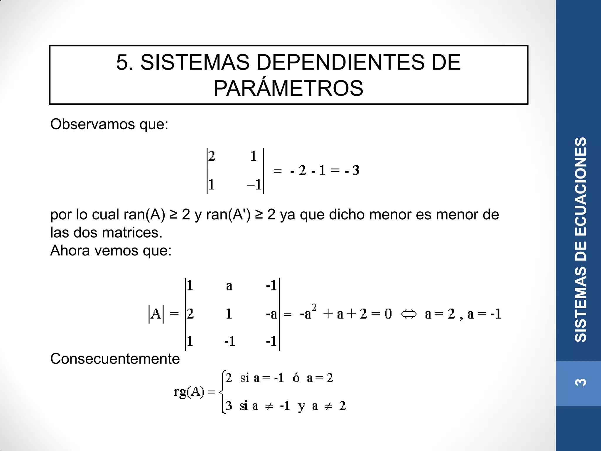 5. SISTEMAS DEPENDIENTES DE
PARÁMETROS
3SISTEMASDEECUACIONES
Observamos que:
por lo cual ran(A) ≥ 2 y ran(A') ≥ 2 ya que dicho menor es menor de
las dos matrices.
Ahora vemos que:
Consecuentemente
 