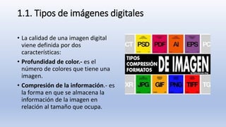 1.1. Tipos de imágenes digitales
• La calidad de una imagen digital
viene definida por dos
características:
• Profundidad de color.- es el
número de colores que tiene una
imagen.
• Compresión de la información.- es
la forma en que se almacena la
información de la imagen en
relación al tamaño que ocupa.
 