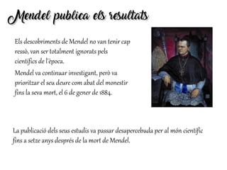 Mendel publica els resultatsMendel publica els resultats
Els descobriments de Mendel no van tenir cap
ressò, van ser totalment ignorats pels
científics de l'època.
Mendel va continuar investigant, però va
prioritzar el seu deure com abat del monestir
fins la seva mort, el 6 de gener de 1884.
La publicació dels seus estudis va passar desapercebuda per al món científic
fins a setze anys després de la mort de Mendel.
 