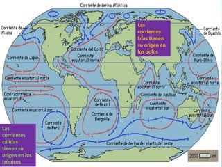 Las
corrientes
frías tienen
su origen en
los polos
Las
corrientes
cálidas
tienen su
origen en los
trópicos
 