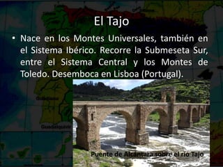 El Tajo
• Nace en los Montes Universales, también en
el Sistema Ibérico. Recorre la Submeseta Sur,
entre el Sistema Central y los Montes de
Toledo. Desemboca en Lisboa (Portugal).
Puente de Alcántara sobre el río Tajo
 