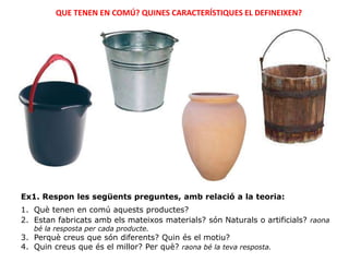 QUE TENEN EN COMÚ? QUINES CARACTERÍSTIQUES EL DEFINEIXEN?
Ex1. Respon les següents preguntes, amb relació a la teoria:
1. Què tenen en comú aquests productes?
2. Estan fabricats amb els mateixos materials? són Naturals o artificials? raona
bé la resposta per cada producte.
3. Perquè creus que són diferents? Quin és el motiu?
4. Quin creus que és el millor? Per què? raona bé la teva resposta.
 