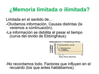 ¿Memoria limitada o ilimitada? Limitada en el sentido de… -Olvidamos información. Causas distintas (la veremos a continuación). -La información se debilita al pasar el tiempo (curva del olvido de Ebbinghaus). -No recordamos todo. Factores que influyen en el recuerdo (los que antes hablábamos). 