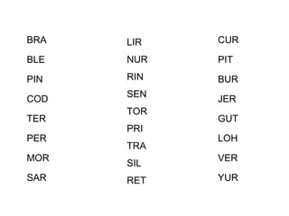BRA BLE PIN COD TER  PER MOR SAR CUR PIT BUR JER GUT LOH VER YUR LIR NUR RIN SEN TOR PRI TRA SIL RET 