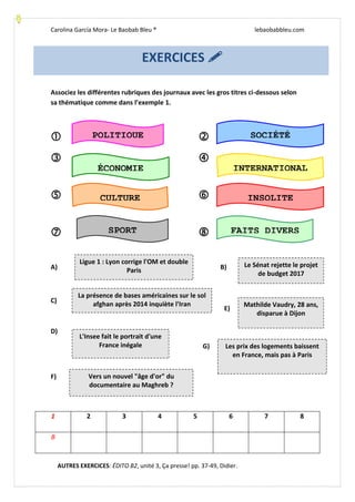 Carolina García Mora- Le Baobab Bleu ® lebaobabbleu.com
Associez les différentes rubriques des journaux avec les gros titres ci-dessous selon
sa thématique comme dans l’exemple 1.
 
 
 
 
A) B)
C)
D)
F)
1 2 3 4 5 6 7 8
B
EXERCICES 
POLITIQUE
FAITS DIVERS
INTERNATIONALÉCONOMIE
CULTURE INSOLITE
SOCIÉTÉ
SPORT
Ligue 1 : Lyon corrige l'OM et double
Paris
Le Sénat rejette le projet
de budget 2017
Vers un nouvel "âge d'or" du
documentaire au Maghreb ?
Mathilde Vaudry, 28 ans,
disparue à Dijon
La présence de bases américaines sur le sol
afghan après 2014 inquiète l'Iran
L'Insee fait le portrait d'une
France inégale Les prix des logements baissent
en France, mais pas à Paris
G)
E)
AUTRES EXERCICES: ÉDITO B2, unité 3, Ça presse! pp. 37-49, Didier.
 