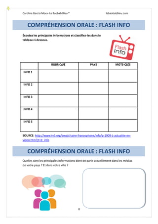 Carolina García Mora- Le Baobab Bleu ® lebaobabbleu.com
8
Écoutez les principales informations et classifiez-les dans le
tableau ci-dessous.
RUBRIQUE PAYS MOTS-CLÉS
INFO 1
INFO 2
INFO 3
INFO 4
INFO 5
SOURCE: http://www.tv5.org/cms/chaine-francophone/info/p-1909-L-actualite-en-
video.htm?jt=jt_info
Quelles sont les principales informations dont on parle actuellement dans les médias
de votre pays ? Et dans votre ville ?
COMPRÉHENSION ORALE : FLASH INFO
COMPRÉHENSION ORALE : FLASH INFO
 