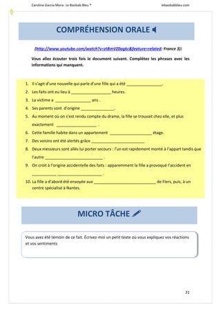 Carolina García Mora- Le Baobab Bleu ® lebaobabbleu.com
21
(http://www.youtube.com/watch?v=ztBmVZ0agkc&feature=related: France 3))
Vous allez écouter trois fois le document suivant. Complétez les phrases avec les
informations qui manquent.
COMPRÉHENSION ORALE 
1. Il s’agit d’une nouvelle qui parle d’une fille qui a été ________________.
2. Les faits ont eu lieu à __________________ heures.
3. La victime a ________________ ans .
4. Ses parents sont d’origine _______________.
5. Au moment où on s’est rendu compte du drame, la fille se trouvait chez elle, et plus
exactement __________________ .
6. Cette famille habite dans un appartement ___________________ étage.
7. Des voisins ont été alertés grâce ________________________
8. Deux messieurs sont allés lui porter secours : l’un est rapidement monté à l’appart tandis que
l’autre __________________________ .
9. On croit à l’origine accidentelle des faits : apparemment la fille a provoqué l’accident en
___________ ____________________ .
10. La fille a d’abord été envoyée aux ____________________________ de Flers, puis, à un
centre spécialisé à Nantes.
MICRO TÂCHE 
Vous avez été témoin de ce fait. Écrivez-moi un petit texte où vous expliquez vos réactions
et vos sentiments
 