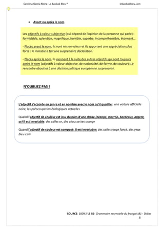 Carolina García Mora- Le Baobab Bleu ® lebaobabbleu.com
8
 Avant ou après le nom
N’OUBLIEZ PAS !
L'adjectif s'accorde en genre et en nombre avec le nom qu'il qualifie: une voiture officielle
noire, les préoccupation écologiques actuelles
Quand l'adjectif de couleur est issu du nom d'une chose (orange, marron, bordeaux, argent,
or) il est invariable: des salles or, des chaussettes orange
Quand l'adjectif de couleur est composé, il est invariable: des salles rouge foncé, des yeux
bleu clair
Les adjectifs à valeur subjective (qui dépend de l'opinion de la personne qui parle) :
formidable, splendide, magnifique, horrible, superbe, incompréhensible, étonnant...
- Placés avant le nom, ils sont mis en valeur et ils apportent une appréciation plus
forte : le ministre a fait une surprenante déclaration.
- Placés après le nom, ils viennent à la suite des autres adjectifs qui sont toujours
après le nom (adjectifs à valeur objective, de nationalité, de forme, de couleur): La
rencontre aboutira à une décision politique européenne surprenante.
SOURCE: 100% FLE B1- Grammaire essentielle du français B1 - Didier
 