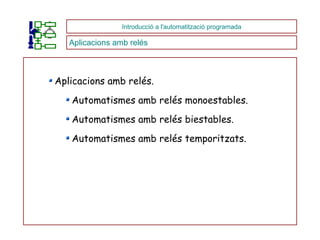 Aplicacions amb relés. Automatismes amb relés monoestables. Automatismes amb relés biestables. Automatismes amb relés temporitzats. Introducció a l'automatització programada Aplicacions amb relés 