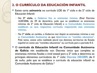 2. O CURRÍCULO DA EDUCACIÓN INFANTIL


Existe certa asimetría no currículo LOE do 1º ciclo e do 2º ciclo de
Educación Infantil:
◦ No 2º ciclo,
1630/2006, do
mínimas do 2º
establecen os
mínimas.

o Goberno fixa as ensinanzas mínimas (Real Decreto
29 de decembro, polo que se establecen as ensinanzas
ciclo de Educación Infantil) e as Comunidades Autónomas
seus respectivos currículos respectando esas ensinanzas

◦ No 1º ciclo, en cambio, o Goberno non dispón as ensinanzas mínimas e son
as Comunidades Autónomas as que determinan os “contidos educativos”.
Polo tanto, existe unha realidade plural nos distintos territorios do Estado
español en canto aos “contidos educativos” ou currículo para o período 0-3.


O currículo da Educación Infantil na Comunidade Autónoma
de Galicia vén establecido nun Decreto único que completa as
ensinanzas mínimas fixadas a nivel estatal para o 2º ciclo e determina os
principais elementos curriculares do 1º ciclo: Decreto 330/2009, do 4
de xuño, polo que se establece o currículo da educación infantil na
Comunidade Autónoma de Galicia.*

 