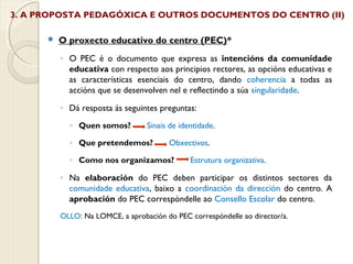 3. A PROPOSTA PEDAGÓXICA E OUTROS DOCUMENTOS DO CENTRO (II)


O proxecto educativo do centro (PEC)*
◦ O PEC é o documento que expresa as intencións da comunidade
educativa con respecto aos principios rectores, as opcións educativas e
as características esenciais do centro, dando coherencia a todas as
accións que se desenvolven nel e reflectindo a súa singularidade.
◦ Dá resposta ás seguintes preguntas:
◦ Quen somos?

Sinais de identidade.

◦ Que pretendemos?

Obxectivos.

◦ Como nos organizamos?

Estrutura organizativa.

◦ Na elaboración do PEC deben participar os distintos sectores da
comunidade educativa, baixo a coordinación da dirección do centro. A
aprobación do PEC correspóndelle ao Consello Escolar do centro.
OLLO: Na LOMCE, a aprobación do PEC correspóndelle ao director/a.

 