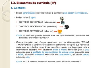 1.2. Elementos do currículo (IV)
3. Contidos
◦ Son as aprendizaxes que debe realizar o alumnado para acadar os obxectivos.
◦ Poden ser de 3 tipos:
 CONTIDOS CONCEPTUAIS (saber cousas)
 CONTIDOS PROCEDIMENTAIS (saber facer)
 CONTIDOS ACTITUDINAIS (saber ser)
OLLO: Na LOE non aparecen definidos estes tres tipos de contidos, pero todos eles
deben estar presentes no currículo.*

◦ Outros contidos que cómpre mencionar son os denominados “TEMAS
TRANSVERSAIS”: contidos esencialmente actitudinais que pola súa relevancia
social non se traballan como áreas específicas senón que impregnan toda a
intervención educativa
Educación cívica e moral, educación para a paz,
educación para a igualdade de oportunidades de ambos sexos, educación para
a saúde, educación ambiental, educación do consumidor/a, educación sexual,
educación vial.
OLLO: Na LOE os temas transversais aparecen como “educación en valores”.*

 