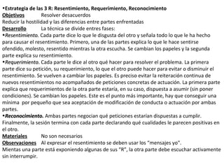 •Estrategia de las 3 R: Resentimiento, Requerimiento, Reconocimiento
Objetivos Resolver desacuerdos
Reducir la hostilidad y las diferencias entre partes enfrentadas
Desarrollo La técnica se divide entres fases:
•Resentimiento.Resentimiento. Cada parte dice lo que le disgusta del otro y señala todo lo que le ha hecho
para causar el resentimiento. Primero, una de las partes explica lo que le hace sentirse
ofendido, molesto, resentido mientras la otra escucha. Se cambian los papeles y la segunda
parte explica su resentimiento.
•RequerimientoRequerimiento.. Cada parte le dice al otro qué hacer para resolver el problema. La primera
parte dice su petición, su requerimiento, lo que el otro puede hacer para evitar o disminuir el
resentimiento. Se vuelven a cambiar los papeles. Es preciso evitar la reiteración continua de
nuevos resentimientos no acompañados de peticiones concretas de actuación. La primera parte
explica que requerimientos de la otra parte estaría, en su caso, dispuesta a asumir (sin poner
condiciones). Se cambian los papeles. Este es el punto más importante, hay que conseguir una
mínima por pequeño que sea aceptación de modificación de conducta o actuación por ambas
partes.
•Reconocimiento.Reconocimiento. Ambas partes negocian qué peticiones estarían dispuestas a cumplir.
Finalmente, la sesión termina con cada parte declarando qué cualidades le parecen positivas en
el otro.
Materiales No son necesarios
Observaciones Al expresar el resentimiento se deben usar los “mensajes yo".
Mientas una parte está exponiendo algunas de sus “R”, la otra parte debe escuchar activamente
sin interrumpir.
 