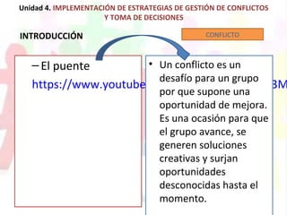 Unidad 4. IMPLEMENTACIÓN DE ESTRATEGIAS DE GESTIÓN DE CONFLICTOS
Y TOMA DE DECISIONES
INTRODUCCIÓN
–El puente
https://www.youtube.com/watch?v=LAOICItn3M
• Un conflicto es un
desafío para un grupo
por que supone una
oportunidad de mejora.
Es una ocasión para que
el grupo avance, se
generen soluciones
creativas y surjan
oportunidades
desconocidas hasta el
momento.
CONFLICTO
 