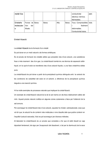 Modul 5. Assajos fisicoquímics.
C.F.G.S. LABORATORI D’ANÀLISI I CONTROL DE QUALITAT
metàl·lics conductivitat
elèctrica i tèrmica.
Mal·leables.
platí.
Cristalls
molecular
s
Forces de
Van der
Waals.
Baixa. Baixa. Alta. Baixa. Tous. Compressibles
i fàcilment
deformables.
Conductivitat baixa.
Iode.
Cristal·lització
La cristal·lització és la formació d'un cristall.
Es pot donar en un medi natural o de formes sintètiques.
És el procés de formació de cristalls sòlids que precipiten des d'una solució, una substància
fosa o més rarament des d'un gas. La cristal·lització també és una tècnica de separació sòlid-
líquid, en la qual el solut es transfereix des d'una solució líquida, a una fase cristal·lina sòlida
pura.
La cristal·lització és pot donar a partir de la precipitació química obtinguda amb la variació de
les condicions de solubilitat del solut en el solvent, a diferència de la precipitació química
deguda a una reacció química.
Hi ha molts exemples de processos naturals que impliquen la cristal·lització.
Un exemple de cristal·lització natural és la de la sal marina en els llocs relativament càlids del
món. Aquest procés natural s’utilitza en algunes zones costaneres o llacs per l’obtenció de la
sal comuna.
Per aconseguir la cristal·lització des d’una solució, aquesta ha d’estar sobresaturada, cosa que
vol dir que, la solució ha de contenir més molècules o ions dissolts dels que podria contenir en
l’equilibri (solució saturada). Això es pot aconseguir per diversos mètodes.
Al laboratori la cristal·lització és un procés que consisteix a fer que el sòlid dissolt es vagi
dipositant lentament, bé sigui per l'evaporació del dissolvent, o bé per la disminució de la seva
UD4-TEORÍA 7
 