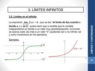3. LÍMITES INFINITOS
3.2. Límites en el infinito
La expresión 𝐥𝐢𝐦
𝒙→±∞
𝒇 𝒙 = 𝒃 , que se lee “el límite de f(x) cuando x
tiende a ±∞ es b”, quiere decir que a medida que la variable
independiente (x) tiende a un valor muy grande/pequeño, la función
se acerca cada vez más a un valor “b” (pudiendo ser o no infinito, tal
y como mostramos en los ejemplos).
4LÍMITESYCONTINUIDAD
Ejemplos.
 