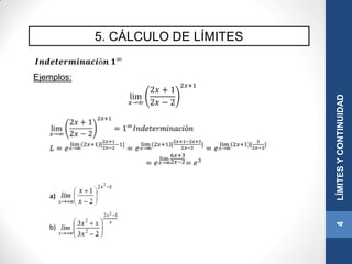 5. CÁLCULO DE LÍMITES
4LÍMITESYCONTINUIDAD
𝑰𝒏𝒅𝒆𝒕𝒆𝒓𝒎𝒊𝒏𝒂𝒄𝒊ó𝒏 𝟏∞
Ejemplos:
lim
𝑥→∞
2𝑥 + 1
2𝑥 − 2
2𝑥+1
 