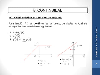 8. CONTINUIDAD
8.1. Continuidad de una función de un punto
Una función f(x) es continua es un punto, de abcisa «a», si se
cumple las tres condiciones siguientes:
1. ∃ lim
𝑥→𝑎
𝑓 𝑥
2. ∃ 𝑓 𝑎
3. 𝑓 𝑎 = lim
𝑥→𝑎
𝑓 𝑥
4LÍMITESYCONTINUIDAD
 