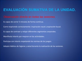 EVALUACIÓN SUMATIVA DE LA UNIDAD.  Observación directa en todas las sesiones. Es capaz de correr 5 minutos de forma continua. Corre respirando correctamente: inspiración nasal y espiración bucal. Es capaz de contraer y relajar diferentes segmentos corporales. Manifiesta interés por mejorar en las actividades. Participa con interés respetando las normas de los juegos. Adopta hábitos de higiene y salud durante la realización de las sesiones. 