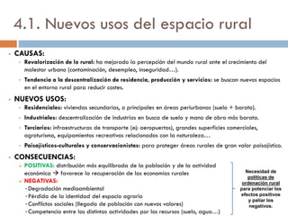  LOCALIZACIÓN: archipiélago canario.
 MEDIO FÍSICO:
• RELIEVE: volcánico accidentado
• CLIMA: temperaturas cálidas todo el año y precipitaciones muy escasas en las zonas bajas
3.5. Paisaje agrario de Canarias
 POBLACIÓN Y POBLAMIENTO:
• Población: población agraria en retroceso debido a la atracción
del sector terciario (turismo).
• Poblamiento: disperso laxo. Generalmente pueblos pequeños.
 EXPLOTACIONES:
 Costa: latifundios  producción destinada a la comercialización.
 Medianías: minifundios (autoconsumo).
 