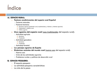 Índice
A) ESPACIO RURAL:
1) Factores condicionantes del espacio rural Español
1) Condicionantes naturales
2) Condicionantes humanos
 Estructura agraria (población rural; explotaciones; y técnicas y sistemas agrarios)
 Política agraria
2) Usos agrarios del espacio rural (usos tradicionales del espacio rural):
1) Actividad agrícola
 Estructura
 Producción
2) Actividad ganadera
 Estructura
 Producción
3) Actividad forestal
3) Los paisajes agrarios de España
4) Dinámicas recientes del mundo rural (nuevos usos del espacio rural):
1) Crisis de las actividades agrarias: problemas rurales y políticas de desarrollo rural
2) Nuevos usos
B) ESPACIO PESQUERO:
1) El espacio pesquero
2) La actividad pesquera: características
3) La crisis de la pesca
 