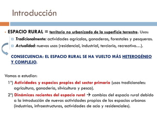 Introducción
 ESPACIO RURAL = territorio no urbanizado de la superficie terrestre. Usos:
 Tradicionalmente: actividades agrícolas, ganaderas, forestales y pesqueras.
 Actualidad: nuevos usos (residencial, industrial, terciario, recreativo…).
CONSECUENCIA: EL ESPACIO RURAL SE HA VUELTO MÁS HETEROGÉNEO
Y COMPLEJO.
Vamos a estudiar:
1º) Actividades y espacios propios del sector primario (usos tradicionales:
agricultura, ganadería, silvicultura y pesca).
2º) Dinámicas recientes del espacio rural  cambios del espacio rural debido
a la introducción de nuevas actividades propias de los espacios urbanos
(industrias, infraestructuras, actividades de ocio y residenciales).
 