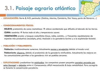 Elementos de los paisajes agrarios
PARCELAS
 Parcela = tierra con unos límites precisos pertenecientes a un
propietario.
 CLASIFICACIÓN:
CONCEPTOS A
ENTENDER
 Según sus límites:
• Openfield  si no existe separación física
entre las parcelas.
• Bocage  si cuentan con una separación
física (setos, muros) entre parcelas.
 Según su forma:
• Regulares
• Irregulares
 Según su tamaño:
• Pequeñas (minifundios)
• Medianas
• Grandes (latifundios)
 