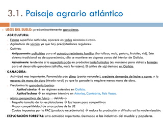 3. Los paisajes agrarios de España
 PAISAJE AGRARIO = morfología (aspecto visual) que presenta un espacio rural.
Todo paisaje agrario resulta de la COMBINACIÓN de…:
Según cómo se combinen estos factores, en España distinguimos 5 paisajes agrarios:
ATLÁNTICO / DE INTERIOR / MEDITERRÁNEO / DE MONTAÑA / DE CANARIAS
FACTORES FÍSICOS
Condicionan las actividades agrarias
de un territorio:
• Clima  disponibilidad de agua,
insolación, heladas… Es el factor más
decisivo.
• Relieve  altitud, pendiente…
condicionan la distribución y forma de las
parcelas; necesidad de bancales…
• Otros: suelos, aguas, vegetación…
FACTORES HUMANOS:
• Población, poblamiento, hábitat (densidad de
población, poblamiento concentrado, disperso…, tipos
de vivienda…)
• Tipos de parcelas (latifundios/minifundios;
openfield/bocage…)
• Usos del suelo (agrarios –agrícolas, ganaderos,
forestales., u otros usos)
• Vías de comunicación y transporte (carreteras,
caminos, ferrocarriles, puertos…)
 