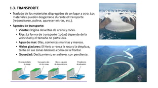 1.3. TRANSPORTE
• Traslado de los materiales disgregados de un lugar a otro. Los
materiales pueden desgastarse durante el transporte
(redondearse, pulirse, aparecer estrías, etc.).
• Agentes de transporte:
• Viento: Origina desiertos de arena y rocas.
• Ríos: La forma de transporte (todas) depende de la
velocidad y el tamaño de partículas.
• Agua de mar: Olas, corrientes marinas y mareas.
• Hielos glaciares: El hielo arranca la roca y la desplaza,
tanto en sus zonas laterales como en la frontal.
• Gravedad: Deslizamiento en relieves con pendiente.
 