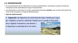 1.4. SEDIMENTACIÓN
• Es el asentamiento de los materiales en cuencas sedimentarias. Se produce cuando el medio de
transporte pierde capacidad para seguir transportando.
• Los sedimentos se acumulan en capas superpuestas llamadas estratos que nos dan información de
la forma de transporte y el tipo de sedimentación.
• Tipos de sedimentación:
 