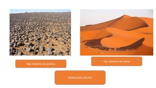 Reg: desierto de piedras
Erg: desierto de arena
MODELADO EÓLICO
 