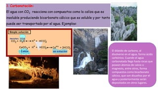 El dióxido de carbono, al
disolverse en el agua, forma ácido
carbónico. Cuando el agua
carbonatada llega hasta rocas que
poseen átomos de calcio o
magnesio, entre otros, forma
compuestos como bicarbonato
cálcico, que son disueltos por el
agua y posteriormente serán
depositados en otros lugares.
 