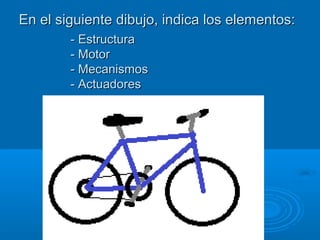 En el siguiente dibujo, indica los elementos:En el siguiente dibujo, indica los elementos:
- Estructura- Estructura
- Motor- Motor
- Mecanismos- Mecanismos
- Actuadores- Actuadores
 